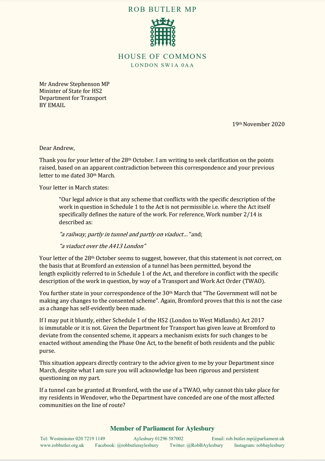 Rob Butler MP's letter to the HS2 Minister