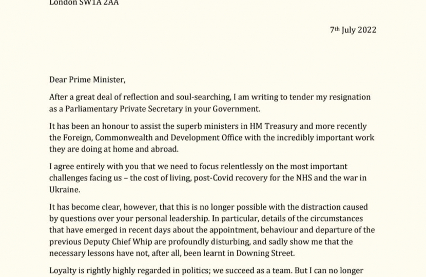 Rob Butler MP's resignation letter to the Prime Minister, Boris Johnson