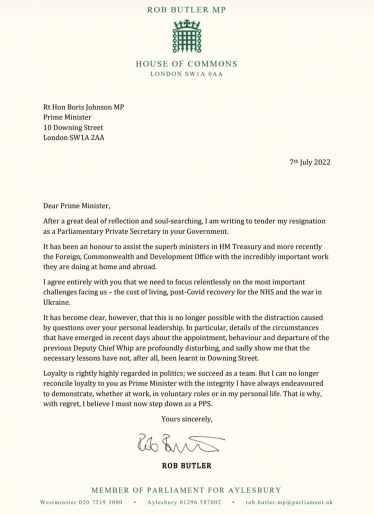 Rob Butler MP's resignation letter to the Prime Minister, Boris Johnson